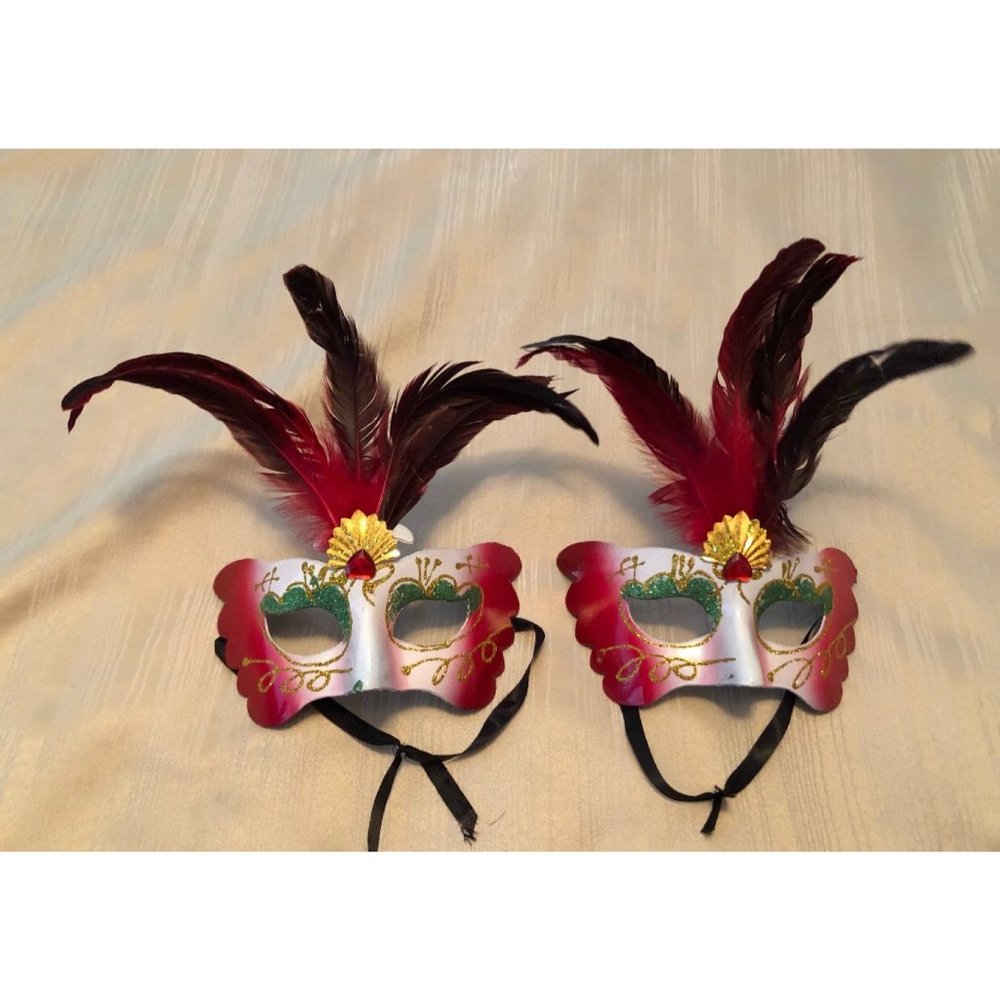 Two Mardi gras masks with feathers